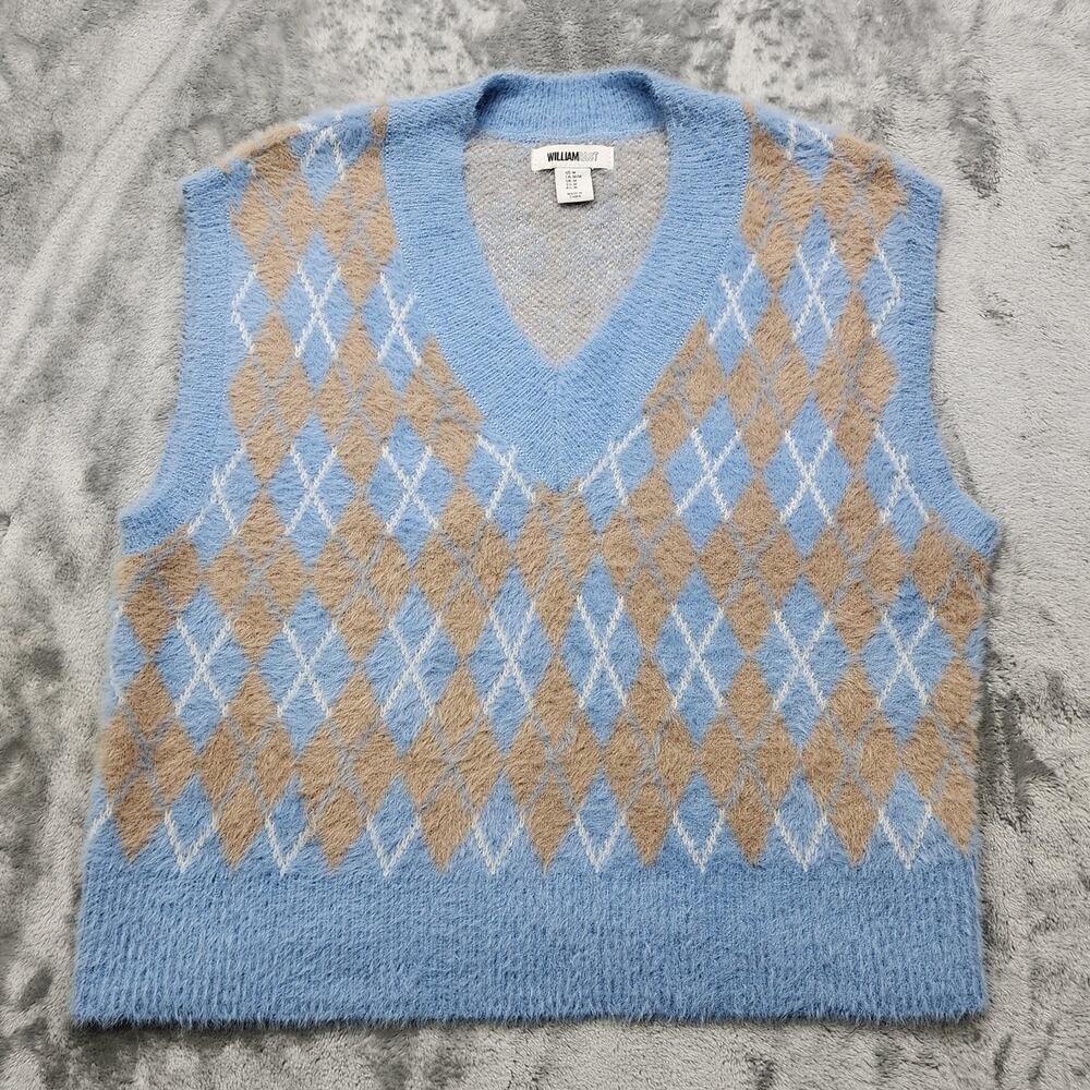 William Rast Sweater Vest M Blue Tan Argyle Super Soft Fuzzy Sleeveless Preppy